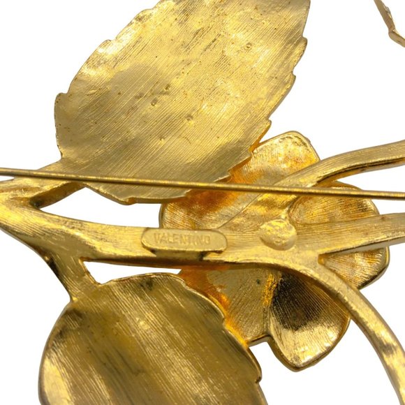 VALENTINO GOLD CRYSTAL EMBELLISHED GILDED ROSE BROOCH - Picture 6 of 6